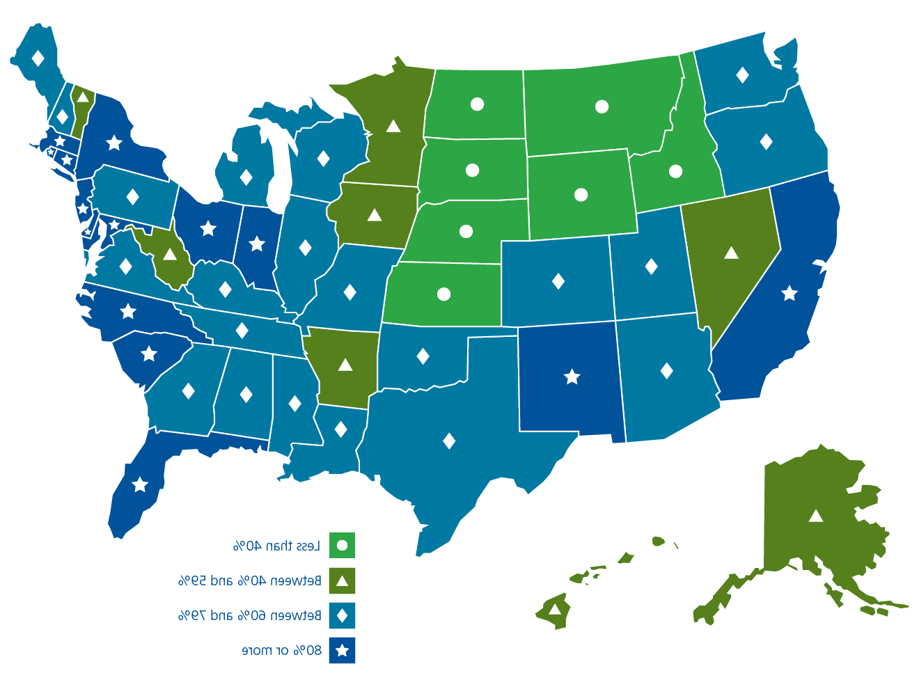 This is a map of the continental U.S., Hawaii, 以及阿拉斯加，显示了一个州内指定为分娩友好型医院的比例. See the link below each image for a description of the image.